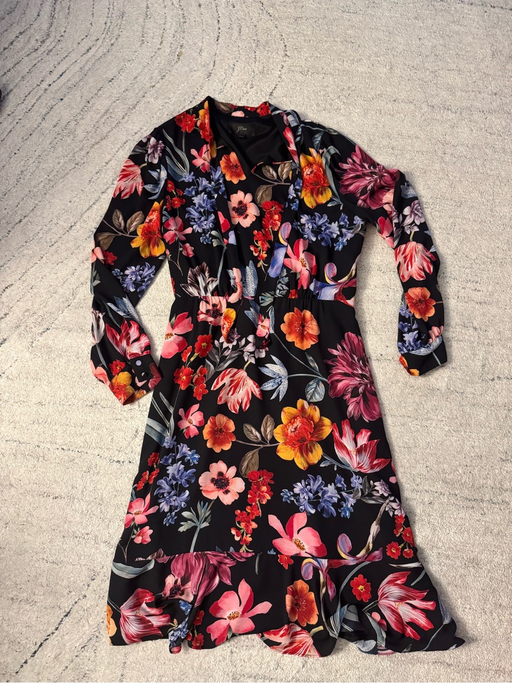 J. Crew Black Floral V-Neck Long Sleeve Dress